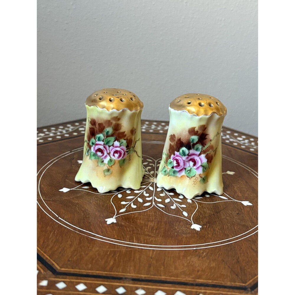 Vintage Porcelain Salt & Pepper Shakers Pink Roses Gold Top Cork Bottom